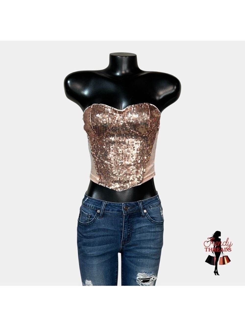 Shein RoseGold Sequin Velvet/Velour Corset Top SMALL Strapless Cropped Festival